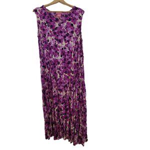 Woman Within Dress Women's 1X Purple Cream Floral Crinkle Sleeveless Maxi Shift